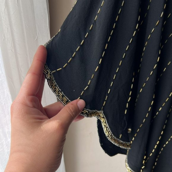 Vintage Black Gold Hand Embroidered Beaded Scallop Edge V-neck Silk Blouse - Picture 4 of 11